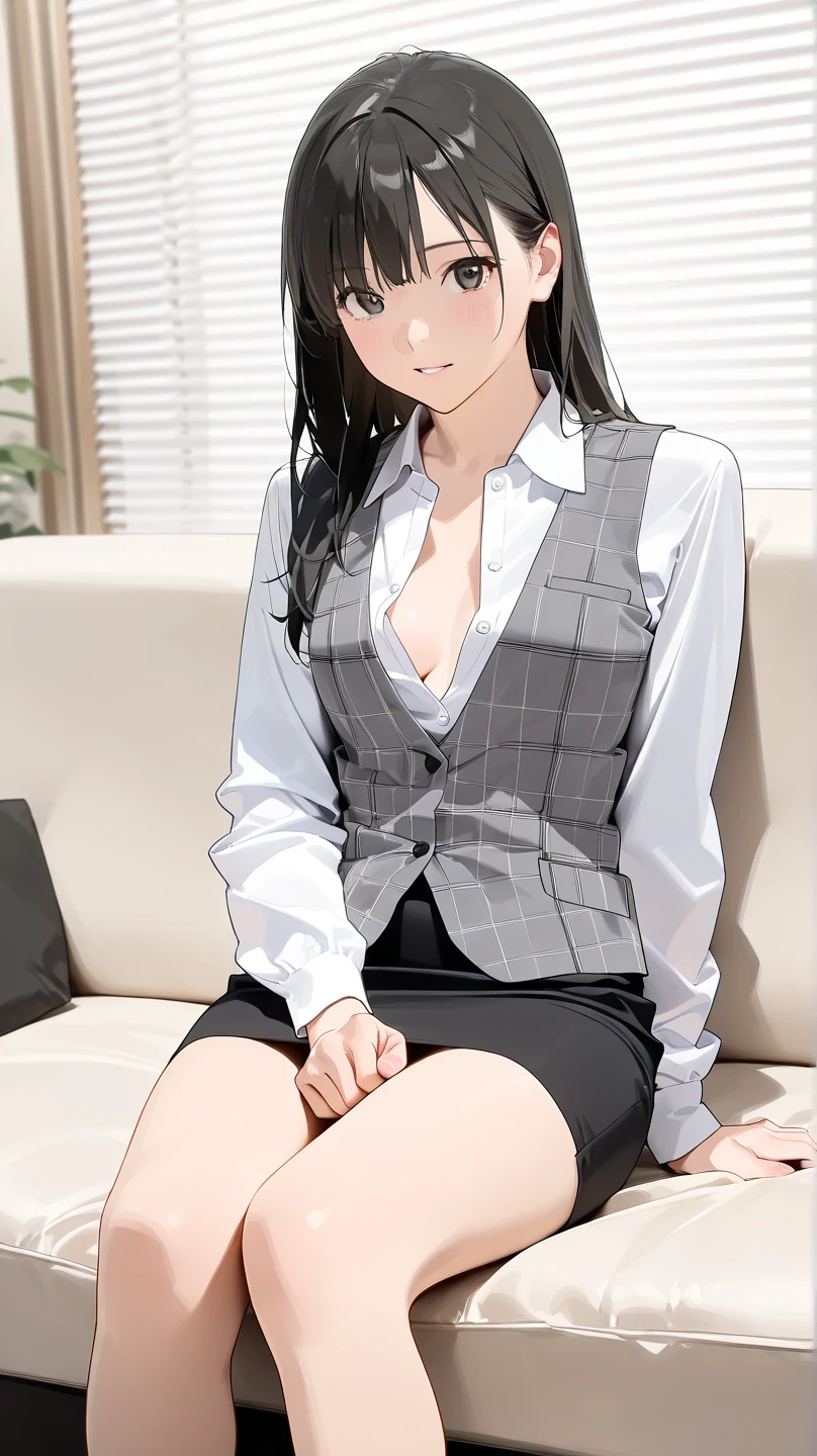 looking away,Upper Body, Realistic, real person, (pale skin: 1.2), RAW photo, photorealistic, shiny skin, shiny hair、 (A 35-year-old woman with medium-length hair and bangs) and (wavy hair) and (brown hair) and (Orange Eyes)、pout,(Wearing a business suit:1.5) and (Wearing a white collared shirt)、,The background is the living room at night、Alone、Wearing a black jacket、Cleavage、Sitting on a white sofa