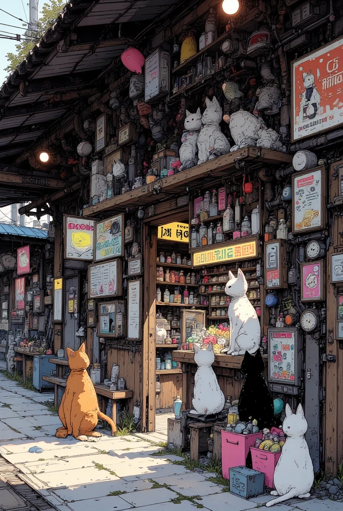close up shot : 1.6, ((close-up of cat)), ((View from below and ground level shot)), A very small store in a corner of the station. ((A mysterious candy shop where cats gather in front of the store, which is only open late at night.)), Mini Shop, Candy Store, night, masterpiece, accurate, top quality, high resolution model, high detail, beautiful detail, high resolution, 8K, realistic Rendering, Ultra Realistic Detail, (Anatomically correct), Stylistically diverse, digital illustration, dynamic shot, high quality, gives depth and openness to scene, depth of field, background blur, energetic composition, cinematic light, auralora, 