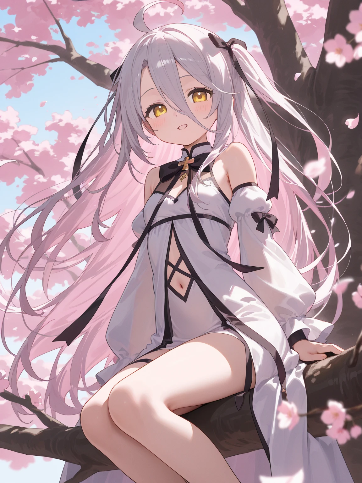 masutepiece, Best Quality, Ultra-detailed, Extremely detailed, 4K, 8K, Best Quality, Beautiful 3, Realistic, Real, Colorful, Gradation, full body focus, maid, Beautiful white hair, Beautiful brown eyes, Beautiful eyes, White-skinned, Long hair, Transparent hair, translucent hair, flat breast, tiny chest, Flowers, lightsmile, sparkling effect, butterfly、a beauty girl、