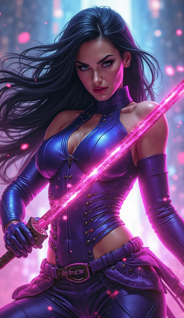 A girl with long black hair and bright blue eyes. She is dressed in purple ninja clothes. She has medium breasts. She holds two short swords glowing pink in her hands. She stands in the night forest