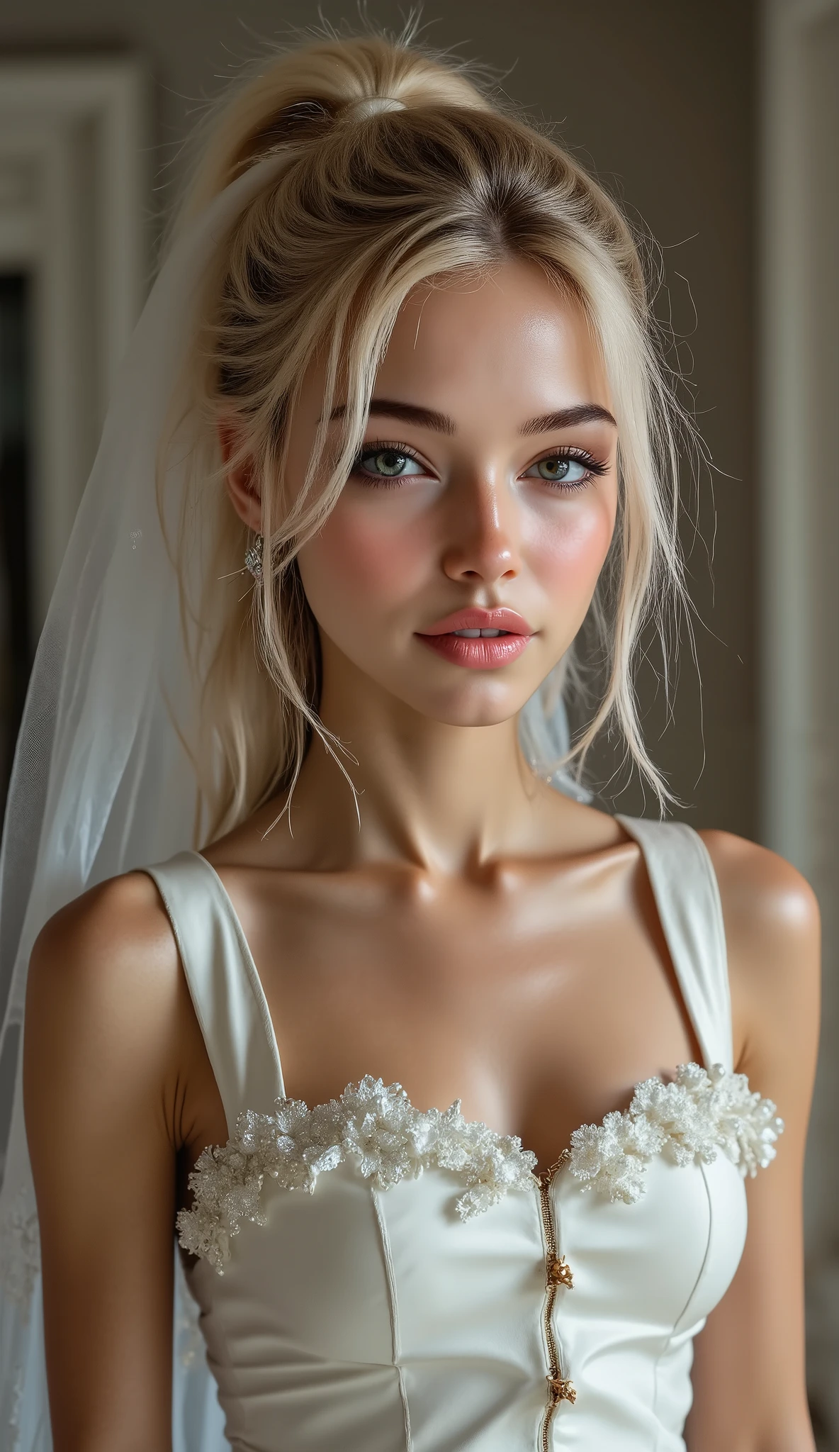 {((Genuine, rating_safe:2.0)) {The bride shows off her outfit inspired by the gift of the goddess of debauchery and lust}}. (masterpiece,best quality:1.4),(score_9, score_8_up, score_7_up, score_6_up, score_5_up, score_4_up),(16k,raw photo,photo realistic:1.2),("Priority is anatomical accuracy and material texture") (front view,pov full body front shot),from above "