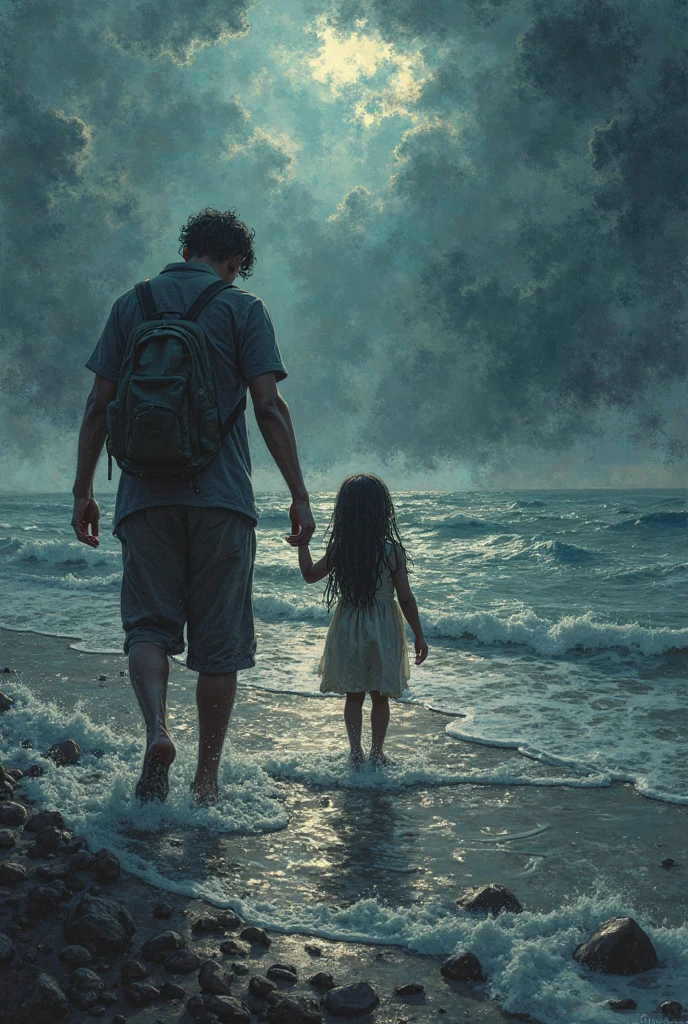 A  boy with his twin sisters and a one-year-old boy next to a lighthouse and a gale 