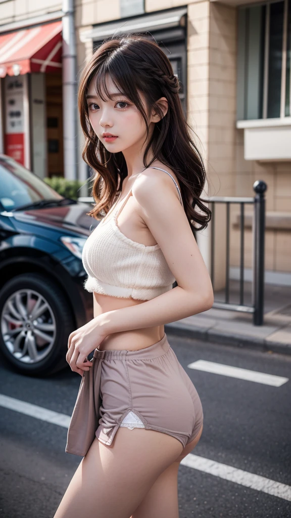 (of the highest quality),in 8K,(masutepiece:1.3),(1人の女性:1.3),(Big breasts:1.3),Realistic,High resolution,Highly detailed facial and skin texture,Lifelike face,Original photo,((美丽的面容:1.5)),(Beautiful woman:1.4),Perfect body proportions,Whiten skin,Shiny skin,((Ultra-detailed face)),Attention to detail,Double eyelids,Eyeshadow enhancement,Eye of Detail,Professional Lighting,Cinematic lighting,Focus Sharpening,((sporty style)),((light, Brightly colored clothing)),Brightly colored t-shirts,Short skirt,((Lively,Active,vivaciousnesancy Pale pink lace panties)),Detailed panty patterns、panties focus、Sparkling eyes、shiny lip、((Exposing thighs)),(Erotic:1.3),in a street、too bright natural light、The Bright Sun、