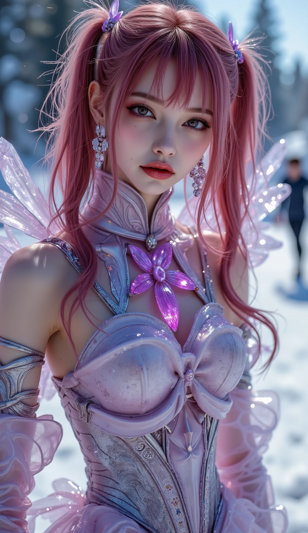  ((Top Quality, 16k, Masterpiece: 1.3)), photorealistic, extremely detailed CG unity 8k wallpaper, Depth of field, Cinematic Light, Lens Flare, fashion model 26 years old, (extremely beautiful face, beautiful lips, beautiful eyes), (intricate detail face), ((ultra detailed skin)), I see Ultra Instinct surrounded by a purple aura and lightning (((full body shot))), 4k, 3D, Draw moving ice flames, [[chest]], neck, [[bodysuit lacy lace-upp]], [shoulders], all feet and breasts shod in armor of silver glass, and cristals (corset), twintails asymetrical long ((red hair)), 1Girl (beautiful crop top), (medium bust:1.8), (narrow waist, slanderous legs), perfect proportions, perky , (ice eyes:1.4), The drawn enchanted fantasy land is frosty, with flying pieces of ice floating in the air and glowing energy crystals. this environment in the mist and magical vortex of thousands of ambient light elements, light reflections, including the environment (ice and crystals). The girl's armor is made of silver glass, which absorbs the magical energy of the environment and releases it in the form of bright light. In this fantastic area there is a great spirit dragon (length: 125 m) and a thick one surrounding this fantastic masterpiece with all its greatness, illuminated accessories. This fantastic land is inhabited by a large flying serpent dragon with wings surrounding this fantastic masterpiece with all its wonderful accessories. The dragon-beast lies on the ice facing the viewer. The image of this fantasy land is shrouded in powerful, ((cristal sword, extremely detailed artgerm)), ((beautiful elegant [demon queen])), (oli face: 1.3), (snowflakes:1.8), ray tracing, (sparkle:1.8), UHD, (shiny:1.5), (light reflections:1.3), (crisp:1.7), Fujicolor, cinematic lighting