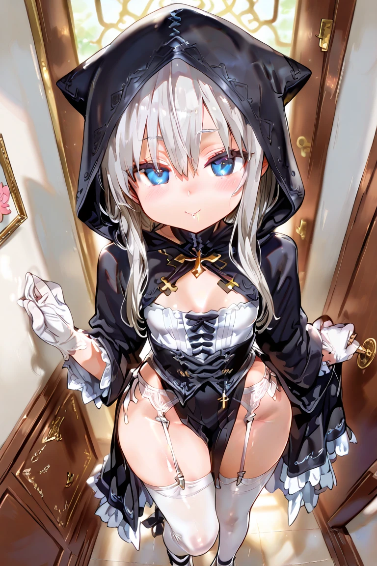 lazy wind，large blue eyes，White hair，dull hair，Maiden with beast ears，white tones，sitting down，1 ，standing alone，adorable，bare chested，Big hazy eyes，The facial details are exquisite，fill，bedridden，Impeccable，cute pose，Plush Cat Paw Gloves，shy laugh，The complexion is reddish