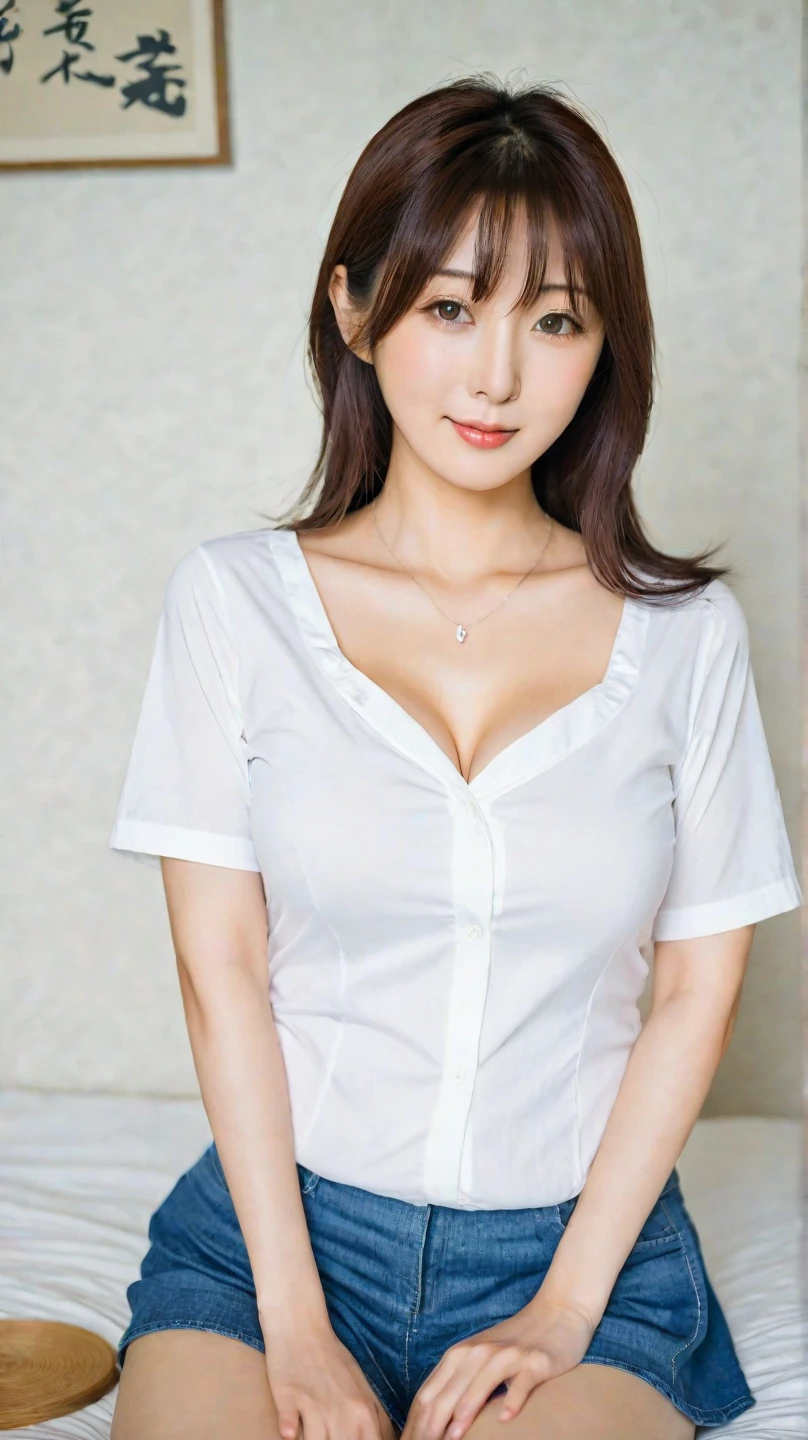Ultra-realistic), (An illustration), (High resolution), (8k), (Very detailed), (最高のAn illustration),(Raw photo, Best Quality), (Realism, Photorealistic:1.4), Mastepiece, Very delicate and beautiful, Extremely detailed, 2k wallpaper, amazing, Fine details, Very detailedなCGユニティ8kの壁紙, Super detailed, High resolution, Beautiful detailed girl, Very detailedな目と顔, Beautiful detailed nose, Beautiful detailed eyes,Cinematic Lighting,Perfect Anatomy,Perfect promotion,(A shy smile, Beautiful Face), ((Perfect Legs, Perfect legs, Perfect hands, Perfect hands指, Perfect Arms, A shy smile, The mouth is perfect)), Looking straight at the camera, Bangs and ear bangs、necklace、 (((Cute Japanese girl wearing white shorts)))、 (((A beautiful 20 year old Japanese girl in a white T-shirt))), (((H cup big breasts)))、(((Bursting Busty!!!!!!!!!))) (((Huge !!!!)))、((Huge breasts))、(((Attractive big breasts!!!!!!))), ((((Full body writing)))), (((((Bob Cut Hair))))), ((Solo Photo)), ((Black Hair)), ((((Beautiful smile)))), (Slender body), ((Standing indoors in a seductive pose)), (((Seductive Pose))), ((Emphasis on cleavage))
