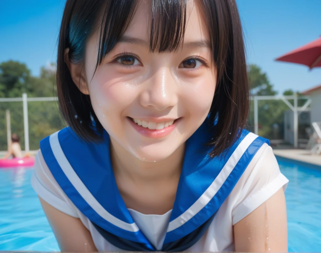 japanese、junior High School girl,1 person, 15 years old、Sailor Mercury, A cosplay that is heavy wet and heavy transparent,Wet sky blue short hair, Wet arms,Wet legs,Wet Face,pose,Highest quality, wet poolside, smile