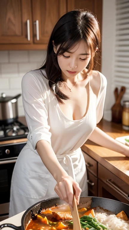 ((best quality, 8k, masterpiece :1.3)),(Practical, lifelike:1.4), original photo, high resolution,lie， Beautiful woman，Have a perfect body :1.4, ((Large Breasts:1.6)),No，(((Apron showing through naked body)))、((In the kitchen))、Side milk，Full body photography，Smile，character-centered，Long-distance shooting，180 degree angle shooting，Side view shooting，Looking at the camera，