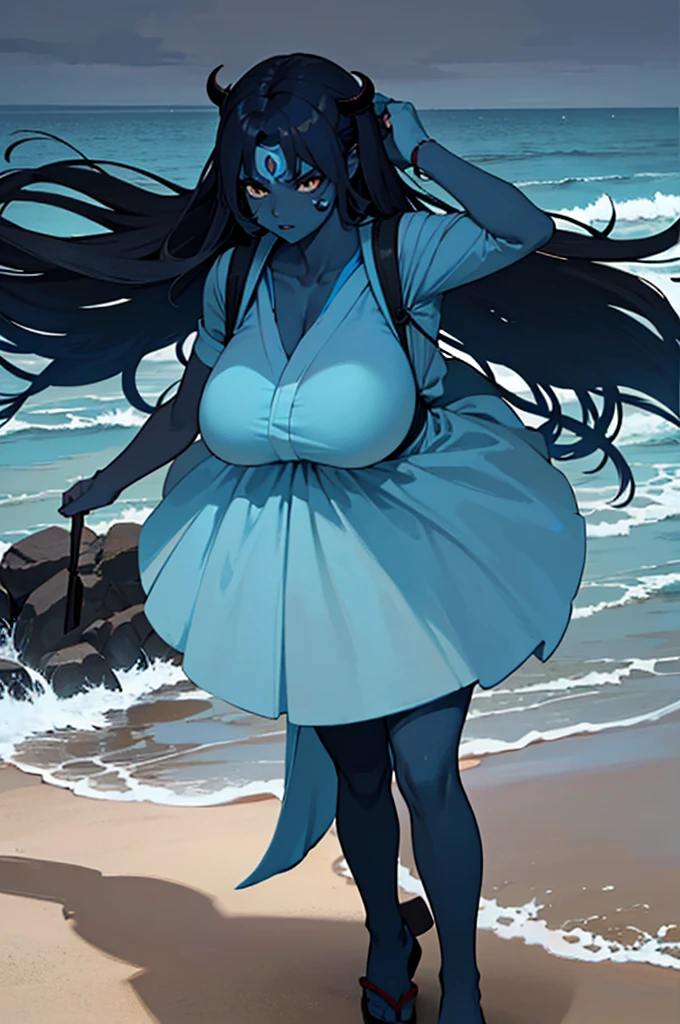 TheSpirit, twintrenzas ,((blue skin)),green eyes,navel, solo, beach, blush, SpiScho,very Long hair, fingernails, black stockings,huge black thighhighs, (insanely detailed, beautiful detailed face, masterpiece, best quality), spread legs, hands on belly, ((school uniform)),wide hip, underboobs, erect nipples, fat belly