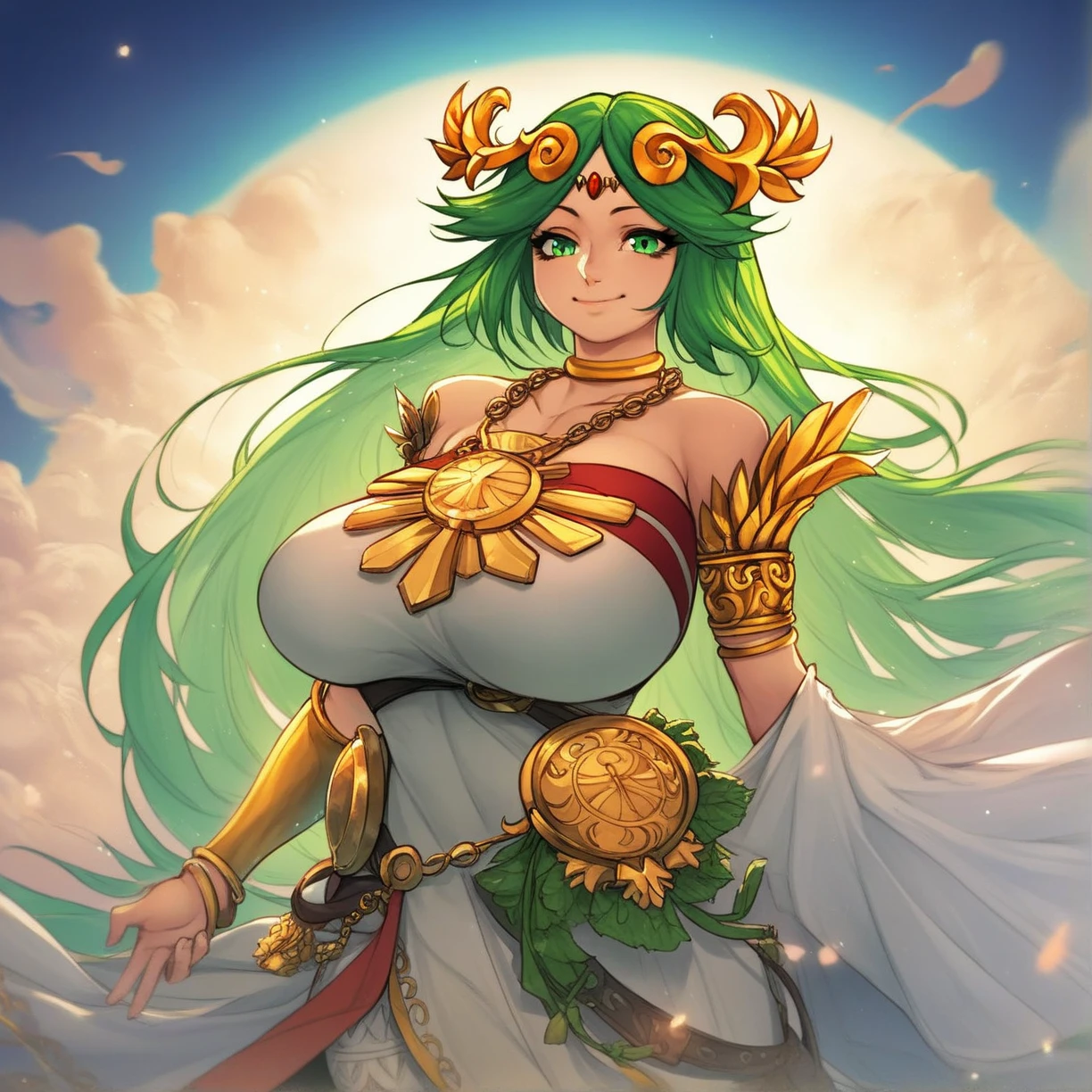 Master works, masterpieces, high quality, extreme detail, classical beauty, (1 female,huge oppai,white long hair), (wearing a loose golden armor), ((delicate face)), (best details), ((green eyes)), ((Golden headdress)),(open pose) ,sun, moon and stars background, ambitious,(full body:1.7)