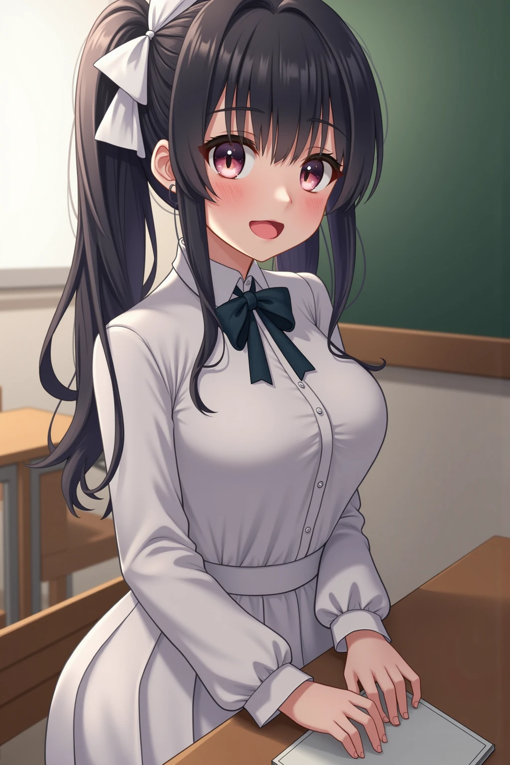 (highest quality, High resolution, perfect pixel, Depth of the bounds written, 4k, beautiful anime girl),
looking at the viewer,
perfect body,
sntm, 1girl, alternate hairstyle, Single bun, bun cover, sidelocks,
blush all over the face, shy,
large breast,
maid,
in cafe,