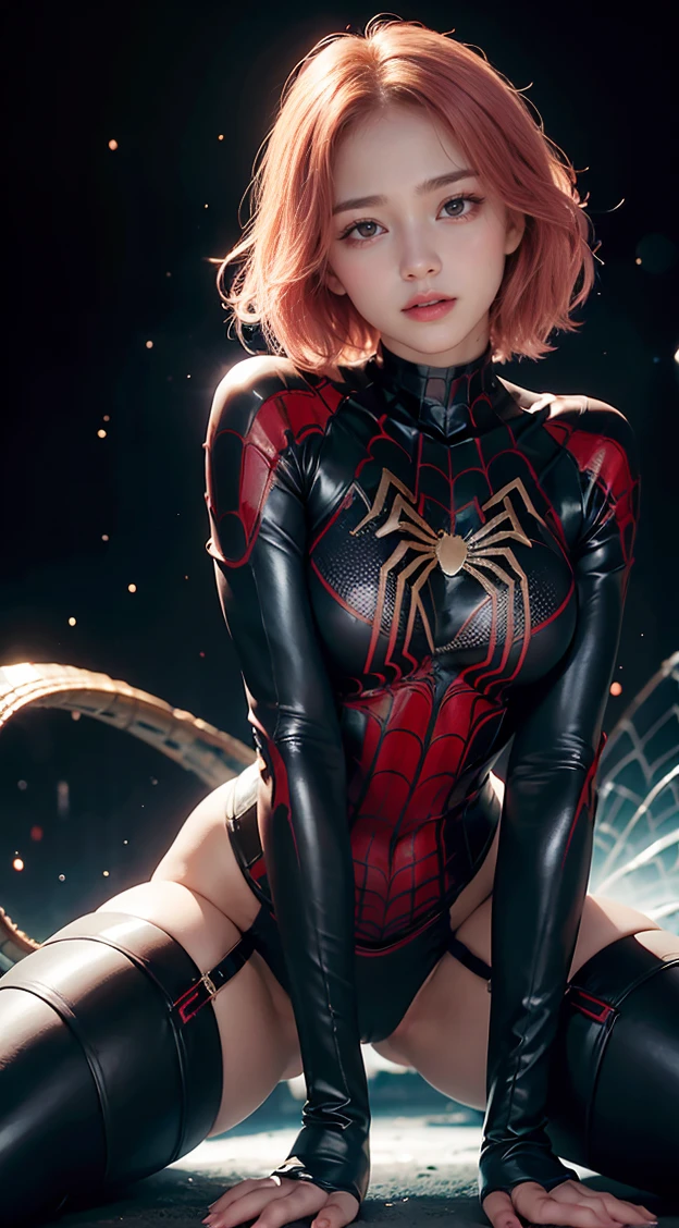 photorealistic, high resolution, soft light,1women, solo, hips up, (detailed face),tattoo, jewelry, Gwen Stacy, Spider Gwen suit, tights, superheroes, (full body photo), ((Spider-man pose)), (dynamic pose tights, superhero, (blonde and pink hair), (blue eyes), animation, eyebrow piercing (side cut: 1.3), (asymmetrical_hair: 1.3), (one side of shaved head: 1.3)