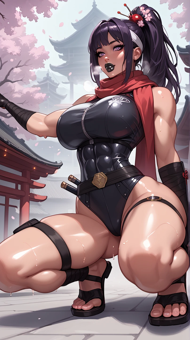 Medieval female warrior (Billie Eilish face), beautiful young face, kunoichi armor(black and red), athletic physique, big round breasts, tight bust, exposed thighs, round Buttocks, round ass, long black hair tied, light blue eyes, freckles on her face, cameltoe, destroyed village, night time