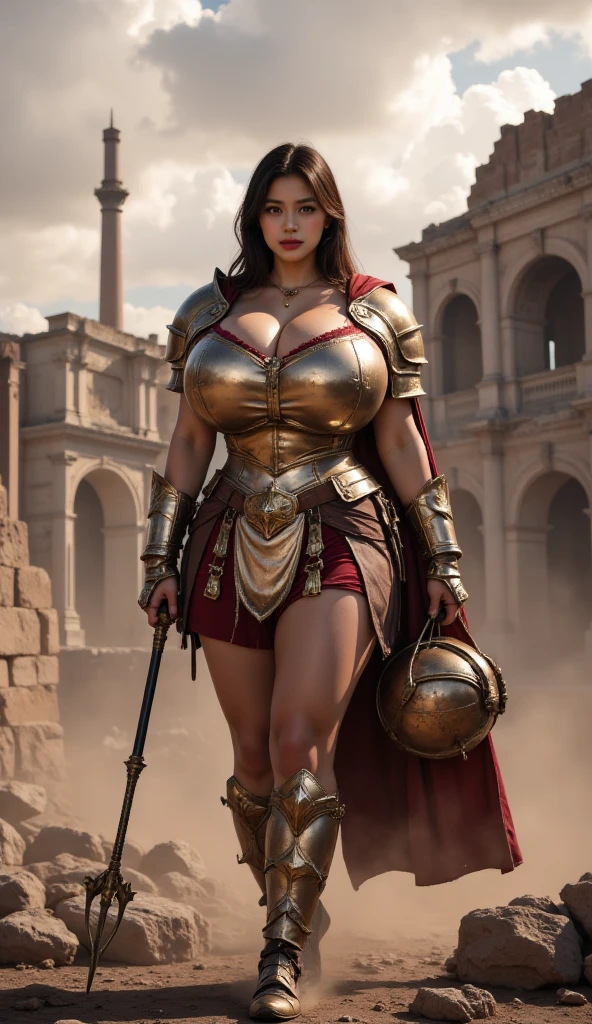 Isabel Merced, 18 yo, dressed as a female gladiator, in the middle of the colloseum, posing with sword, (skin texture:1.1), (high detail face:1.1), full bodyshot, high detail body, high detail clothes, (big breasts:1.3),(masterpiece), (realistic), ultra high definition, 4k, ultra high resolution, cinematic lighting, rim lighting, photo by Arny Freytag, RAW image
