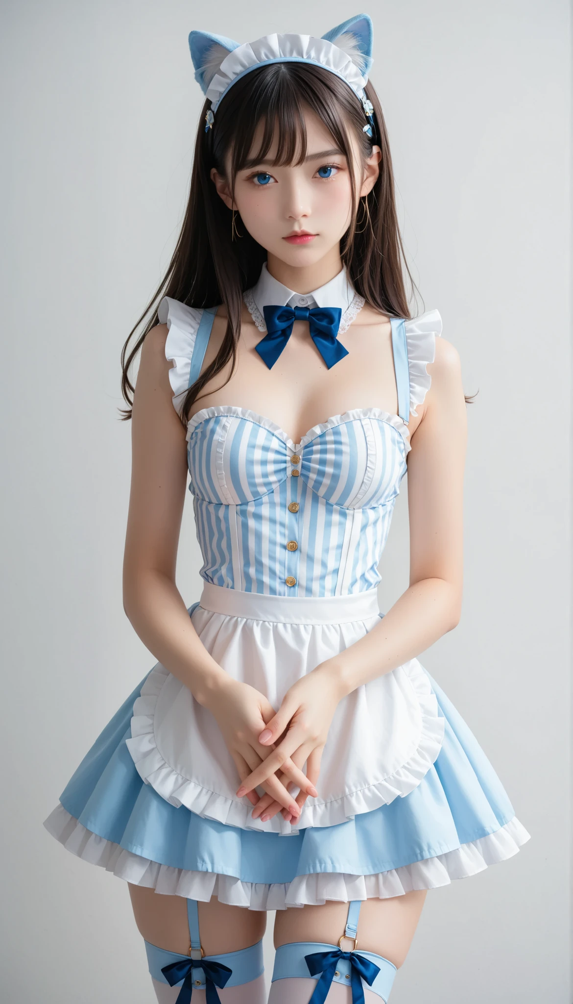 Photo of a woman in an attractive pose adorn the cover of a specialty magazine , wear an exquisitely designed costume : gold line accented、cobalt blue and white two-tone dirndl, Layered、(Beautiful Breasts), cobalt blue multi-layer tiered apron with frills. cobalt blue sleeveless shoulder straps with frills, bare shoulders visible , High neck white collared blouse and、with cobalt blue and gold stripes Elegantly tied. white thigh-length stockings that extend to the toe, slim thighs, cobalt blue platform boots, Arm cover, and、eye-catching maid style headband with cobalt blue fake cat ears. The image captures her confidently watching the audience details. (Detailed hands:1.3, Perfectly Right Hands:1.3)