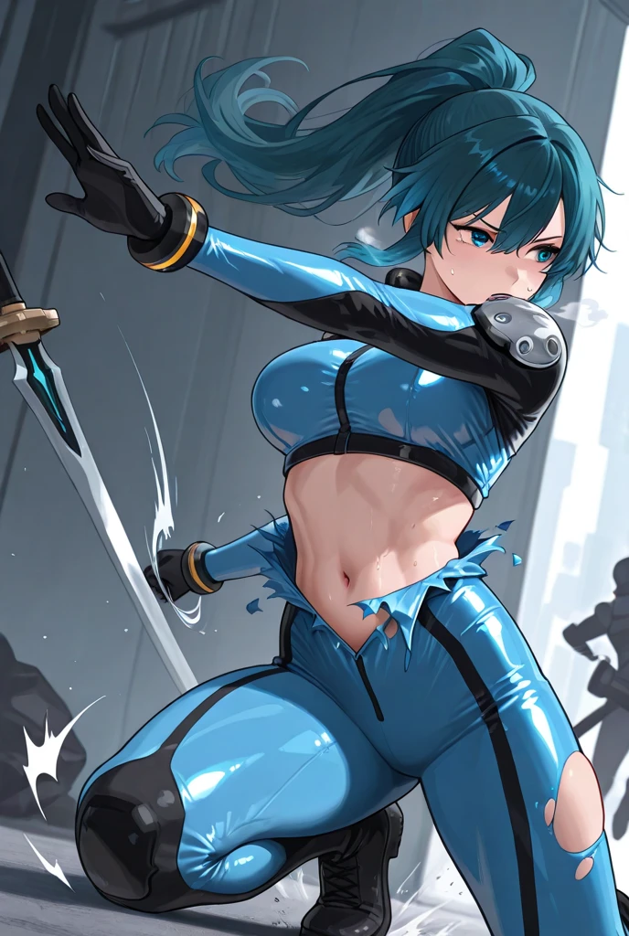 1girl,solo,super detailed skin,shiny skin,natural face,blue hair,hair over one eye,side ponytail ,large breasts,fishnet arms,(ninja clothes:1.2),cowboy shot,water magically knife ,simple background,masterpiece,best quality,ultra detailed,high resolution,sharp focus