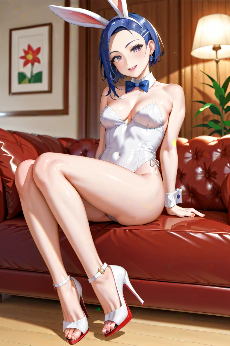 (masterpiece, best quality:1.1), (ultra highres, ultra-detailed:1.2),pop-art style,Wearing a bunny girl costume in cafe, sitting, looking shy, BREAK (girl,16yo,detailed face,(darkblue hair,wavy-short hair),middle thick eyebrows,middle small breasts),