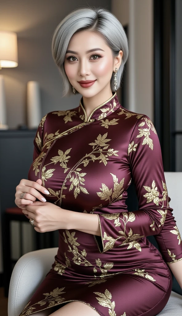 One Girl,Shrubs,Girl Girl,China dress,Red Chinese clothing,Blunt haircut,(masterpiece:1.4),(highest quality:1.4),(Oily, Shiny skin),Red lips,Looking at the audience,Big Breasts,Cleft lip, Upper Body,