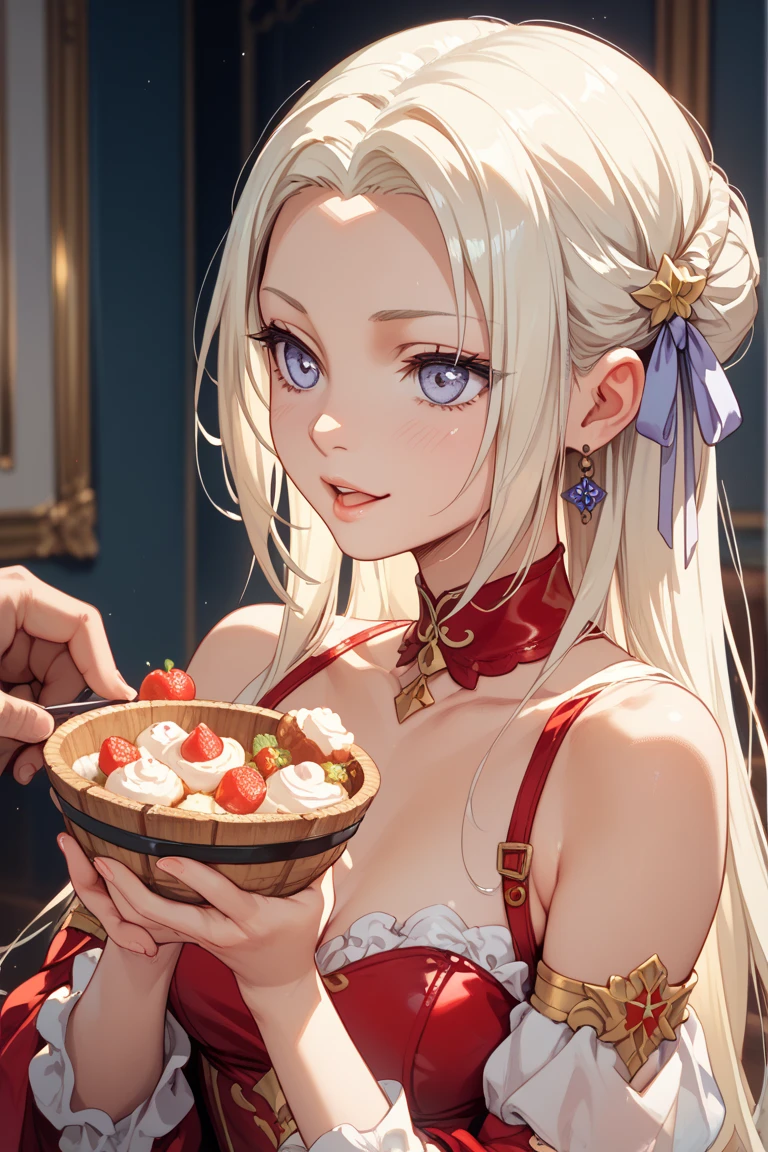 (Highest quality, masterpiece:1.2), High resolution, Very detailed, Realistic:1.37, Fantasy, An illustration, Green Eyes、Queen, Red and green swimsuit、Platinum decoration、beautifully、Eyeshadow Red、Thick eyebrows、Long eyelashes、pupils are black、Her hair is dark green、Gold crown、Kissing Face、Embarrassing、Beloved by the crowd、Hair is green、Braiding、hair ornaments、Laugh gently、Close one eye、Wink、Wink、From the waist up、(White Bikini).((Eat strawberry cake))