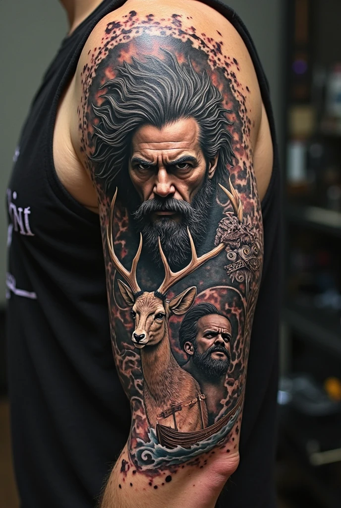 Create a tattoo covering the entire thigh with the face of Zeus like Odin in the middle, in the realistic style in black and gray, with a raven above Odin&#39;s head and the stag below.
