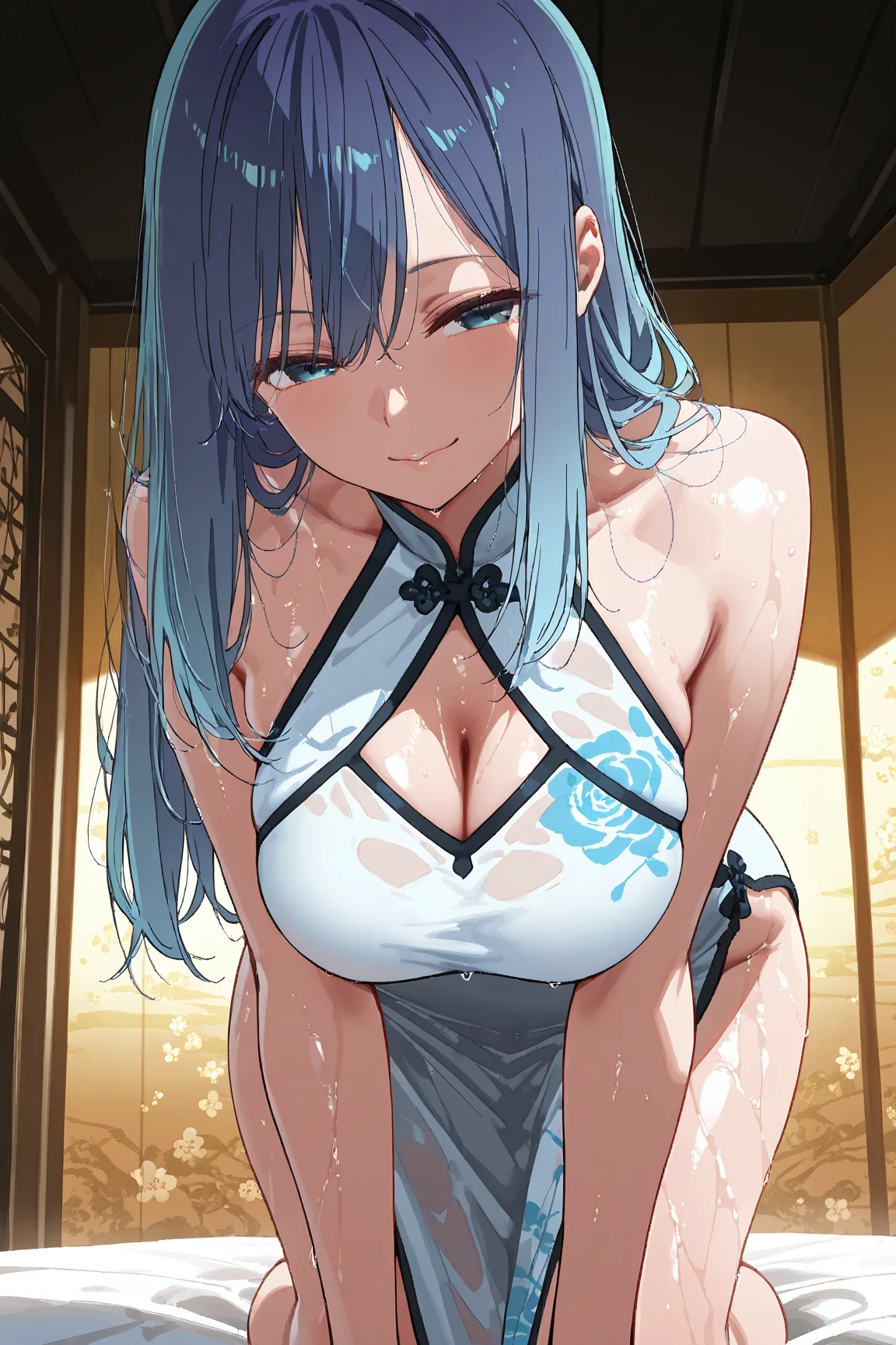 Ultra-high quality 8K images、At the Japan Summer Festival、Please draw a beautiful Japanese woman with big breasts。women are、Wearing a metallic bikini、Arms folded behind back、Standing facing forward in a crowd。Women's hair is short and black、Your smile is wonderful。The skin is radiant。