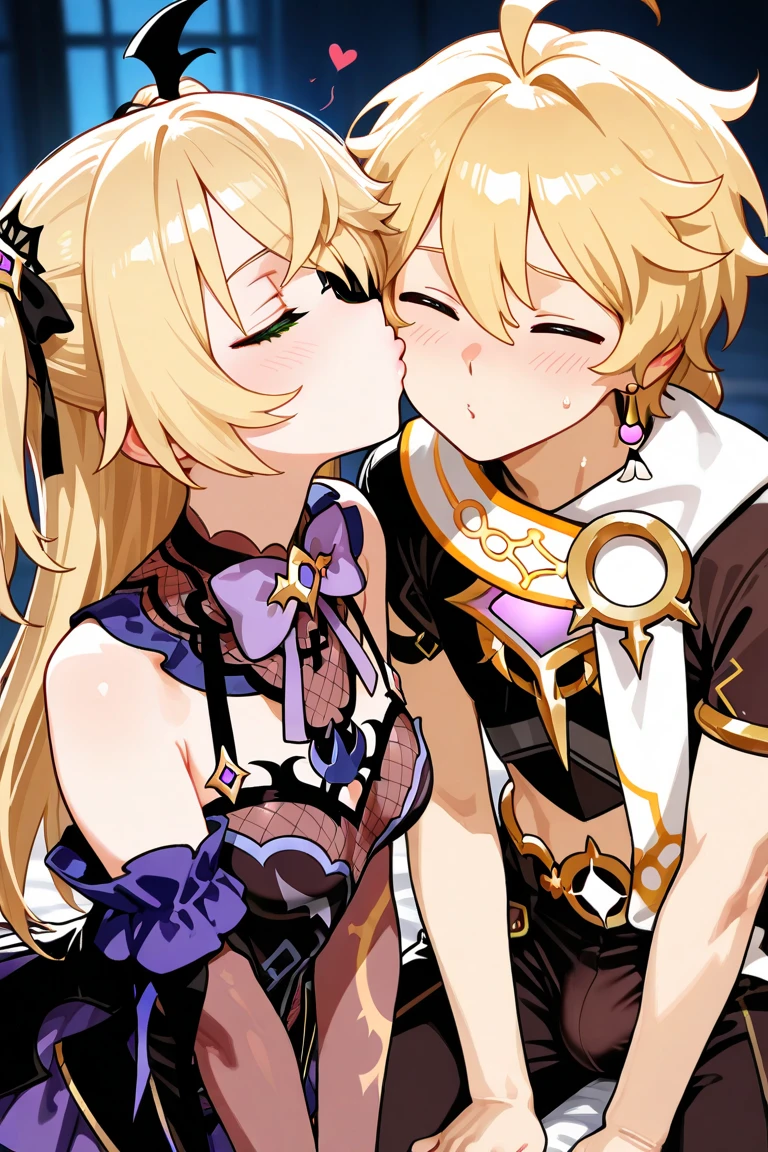 Anime couples, Aether and Raiden General kiss, gentle kiss, 1boy 1girl, Tall guy, Medium men, adolable, Loves, peck, 详细的脸, detailed hair, tmasterpiece, Best quality at best, aether yellow hair\(genshinimpact\), {{{tmasterpiece, electricity:1.4, Pixiv Fantasia}}},POV, Raiden general, long whitr hair, Large hair, Purple colored hair, O cabelo multicolorido, komono, hair adornments, hair flower, Purple eye, parted lip, face expressionless, looking at viewert,dynamicposes,big cleavage breasts,(Sexy 24 year old girl and 18 year old man)((Scoop with 1 man with yellow hair)),Covered with blankets,(warmly lit),(intimate atmosphere),(Bedroom scene)),camisole,Medium hair,(),(romantic mood),(soft focus),(Oversized breasts),(subtle facial expressions),Sweating with men,Kiss men。The man stroked her breasts。The man puts his nose between her breasts,Licking her breasts。𝓡𝓸𝓶𝓪𝓷𝓽𝓲𝓬。She had a guilty look on her face,A sad expression。Expressions of regret and regret,High-quality fanart,Best quality,