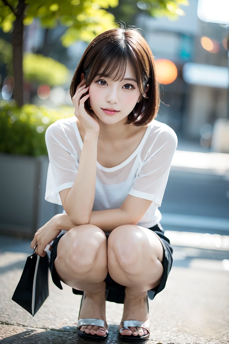 high quality、high resolution、masterpiece、Bright red sky、Beautiful crimson clouds in the background、Squat on the edge of the wave with your legs apart, She has medium bob hair、White blouse、Red pleated skirt、Red High Heels、White panties、 She is posing for a photo shoot, Looking into the camera、Shooting from below、Intellectual look、Too cute face