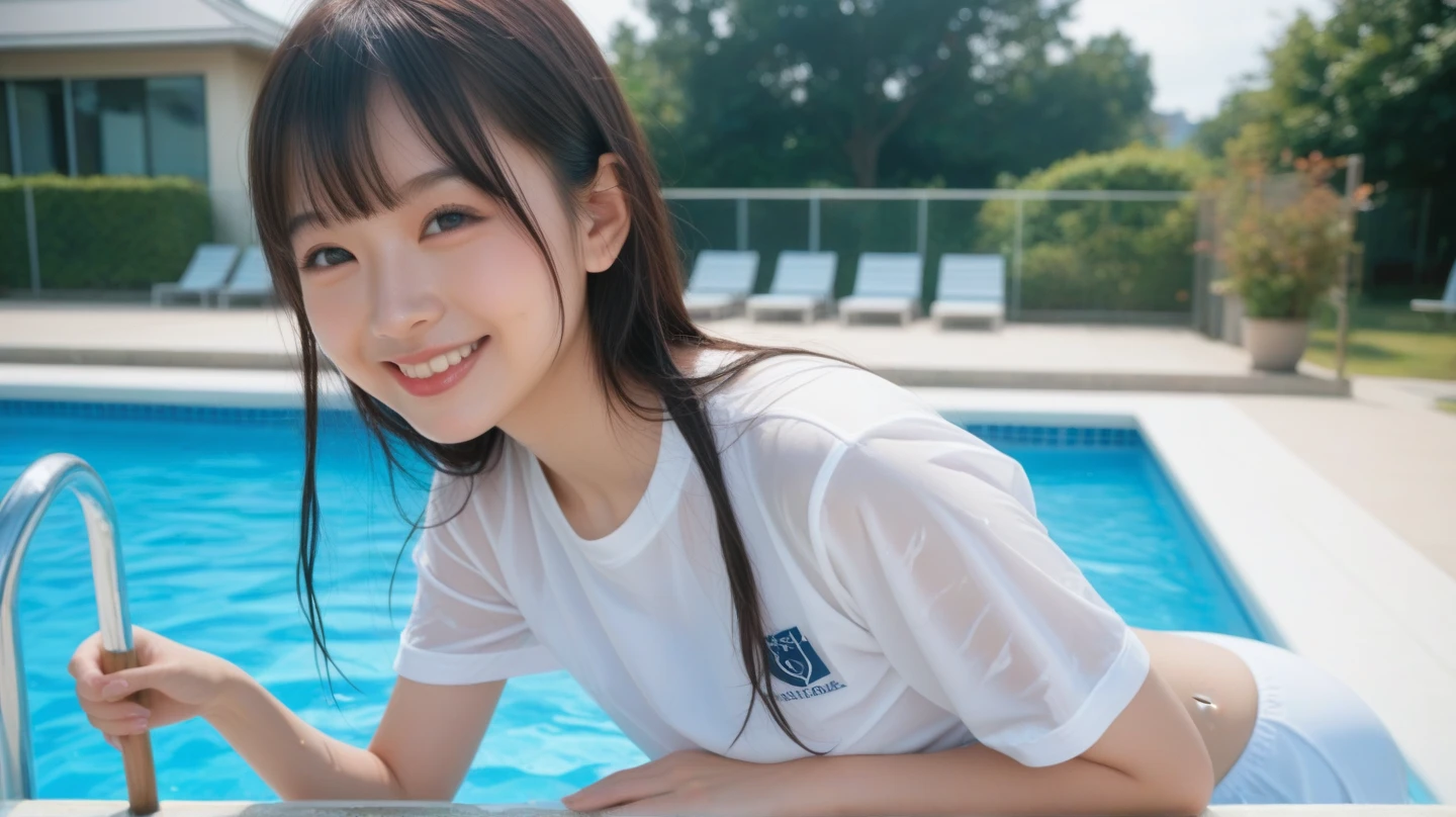 masterpiece, best quality, photorealistic, raw photo, DSLR, 15-year-old beautiful Japanese girl, shiny fair skin, realistic beautiful no makeup face, realistic beautiful bright eyes, double eyelids, look at viewer, smiling, highly detailed shiny black short hair and bangs, disheveled hair, slim figure, slim face, slim waist, big breasts, ((wet school uniforms, wet hair, hold a deck brush, cleaning school pool, scrub the pool with a deck brush)), realistic lighting and shadows, highly delicate and beautiful photo, ultra high resolution, 8k UHD wallpaper,