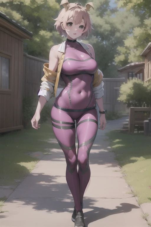 Best quality, 4k, high resolution, body stuck dress, perfect smile, gorgeous, light skin, ahegao face(hentai face) ,black hair,wearing head band, wears a pink sleeveless qipao-style blouse with red sleeve trimmings and yellow fastening buttons, wearing dark ref pants complement the ensemble, (sports red sandals), black fingerless gloves, wearing bodystuck top(wearing long pink bloud ), clothes are stuck in body, bodyfit outfit,1 girl, solo, seductive look, elegance and charm, (masterpiece, best quality, high resolution), looking at the viewer, standing, (intricate and beautiful:1.2), (detailed light:1.2), (soft light, side light), (high resolution textures) , holding leash in hand(chain leash), outdoor, Burmese girl,wearing short jean pants(black colour) with white line ,wearing gorgeous jewelary, wearing harness over the outfit ,outdoor background, sun light, attractive, sexy, mature and hot, young,(masterpiece:1.3), (disorganized:1.3), (highest quality:1.3), perfect anatomy, detailed face, front view, perfect right hands, looking at viewer, (Super detailed:1.3), (best shadow:0.7), (treated hair), fine eyes, beautiful eyes, young aged woman, alone, standing, crystal earrings,closed_mouth, , outdoors,Thick thighs, arrogant face, small