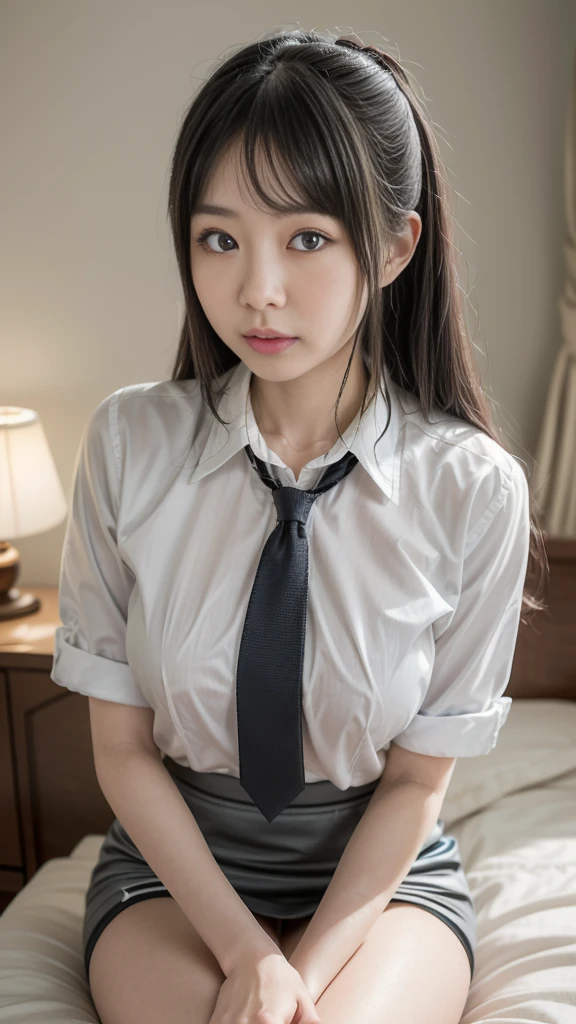((masterpiece, Better Quality, hight resolution, Photorealsitic:1.4, Raw photography, high quality image)), ((portrait:1.2)), 1Milf sitting on bedside, (wearing white short callored shirts, wearing black pencil skirt, black stocking, neckerchief), curvy shape:0.5, very detailed and professional lighting, (cute facial expressions),