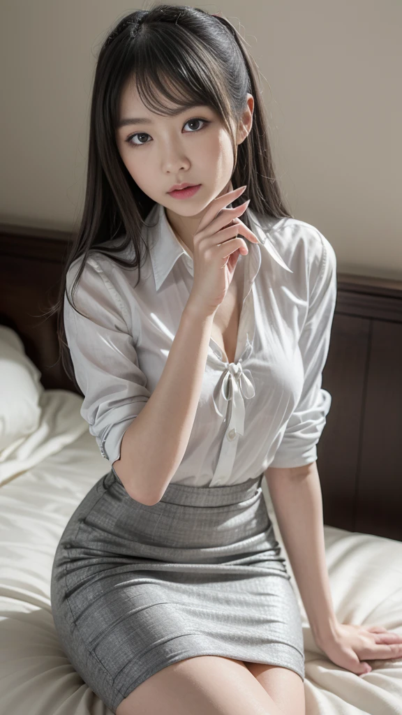 (RAW Photos, highest quality), (Realistic, photo-Realistic:1.3), masterpiece, Very delicate and beautiful, Very detailed, CG, Unity , 2k wallpaper, wonderful, In detail, A light smile, Very detailed CG Unity 8k wallpaper, Large file size, Super detailed, High resolution, Absurd, Soft Light, (((Medium Hair:1.3), Short bangs, Pink Hair, Floating hair NovaFrogStyle)), Beautiful detailed girl, Detailed fingers, Very detailed eyes and face, Beautifully detailed nose, Beautiful fine details, Long eyelashes, Light on the face, View Viewer, (Mouth closed:1.2), One girl, cute, young, Mature Face, (whole body:1.3), ((Small breasts)), Realistic face, Realistic body, Beautiful thigh details, (Ulzzang-6500-v1.1:0.8), suit, Cross-strap clothing, Collared shirt, Open clothes, At work, Details Office, Open cardigan, Black knee socks, mini skirt, Black underwear, Unbuttoned shirt,