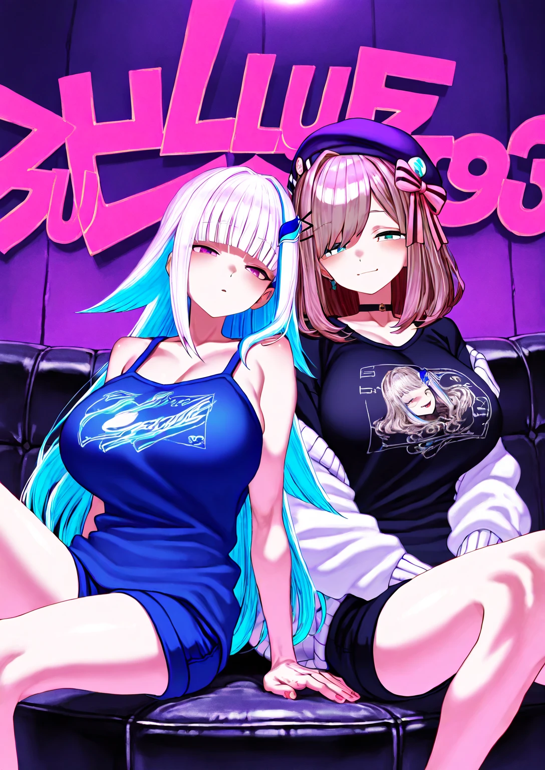 (Superflat, Flat Shading, flat-colors:1.1)、(Magazine Cover)、(Multiple girls)、Illustrations、((Lori、Petite、flat chested、A 12-year-old girl))、White skin and beautiful appearance、white wavy hair、Red eyes、Petite、striped crop top、Children's Printed Panties、Smile、Bottom、from behind、colorful stockings、Volumetric lighting、Soft light、Bright、neons、Vibrant colors、watercolor paiting、