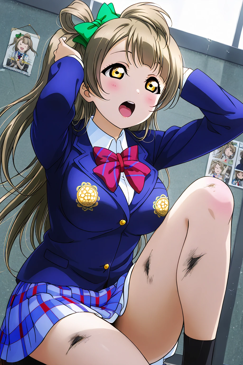 full nude、girl、cute 、pubic hair、濃いpubic hair、tits、big breasts、nipple 、NSFW、thighs、embarrassing、join your hands behind your back（yoshizuki_iori,School_uniform_Purple_shirt_Blue_skirt_White_neckerchief_Black_thighhighs）