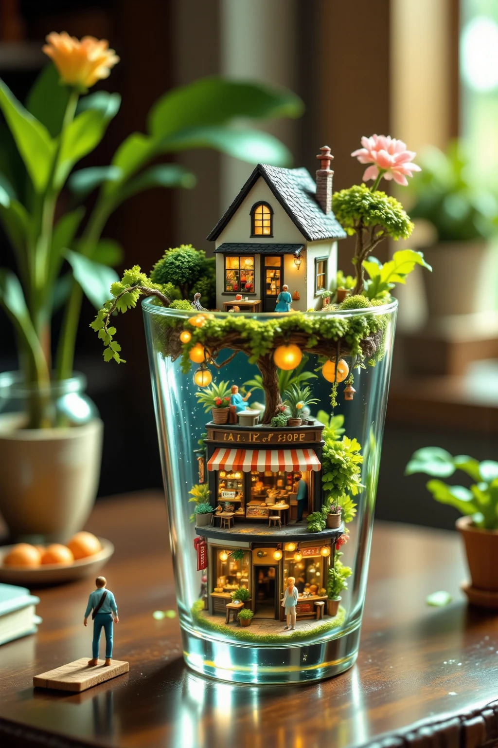 Another world in a glass,a miniature world in a glass, "Miniature two-story shop beautifully displayed atop a living room table, blending seamlessly into a cozy home setting. The tiny storefronts—an inviting café, a lush florist, and a charming general store—are meticulously crafted, brimming with delightful details. People interact and shop, bringing the scene to life with warmth and whimsy. The table surface and surrounding household items subtly reinforce the miniature scale, enhancing the enchanting, handcrafted aesthetic."