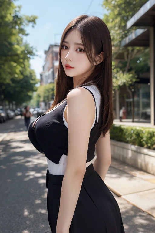 a 21 year old woman, she is the most beautiful actress in the world, the perfect body proportions of this woman in tight skirt suit, clothed large breasts, her crotch area of the panties are hardly hidden by short skirt, her bare legs, it's just front of her body, it's no space above her head, she is standing at the city street, nsfw, best quality, highly detailed, masterpiece, ultra high res, photo realistic, 8k, RAW photo