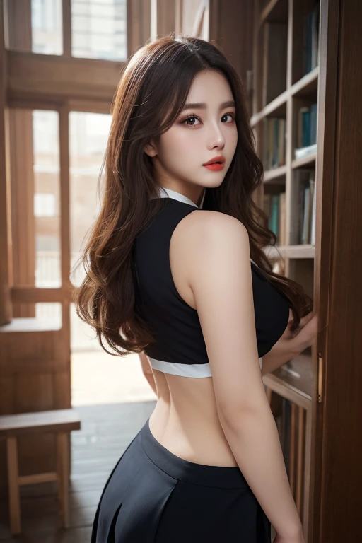 Woman, 30 years, adult, (((ponytail))) hot teacher in classroom, nsfw, sensuality, red lips, nigth, soft ligth, face detail, (black skirt) , from above, cinematiclighting, fingers --style realistic-imagine -
