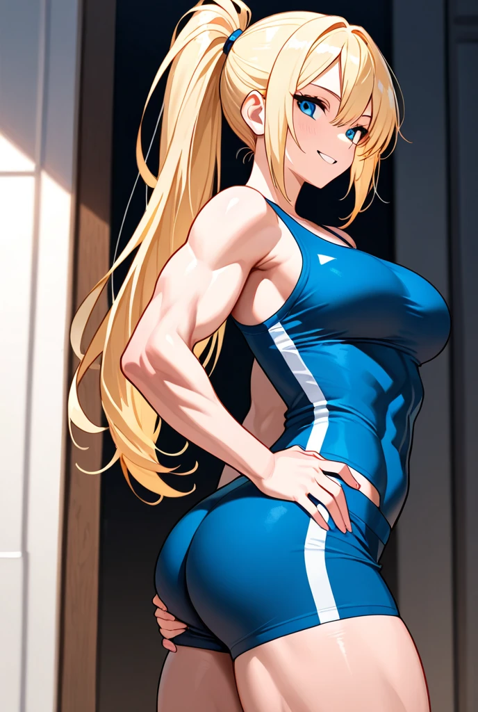 Very detailed、Highest quality、Best image quality、masterpiece、8K pixels、Anime Face、A kind smile、Blonde curly hair、(SFW Huge Body)、(((Rear View)))、Cowboy Shot、Wear a thong、(Big eyes)、(Beautiful and shining eyes)、(Detailed anime eyes)、(Puffy eyes)、