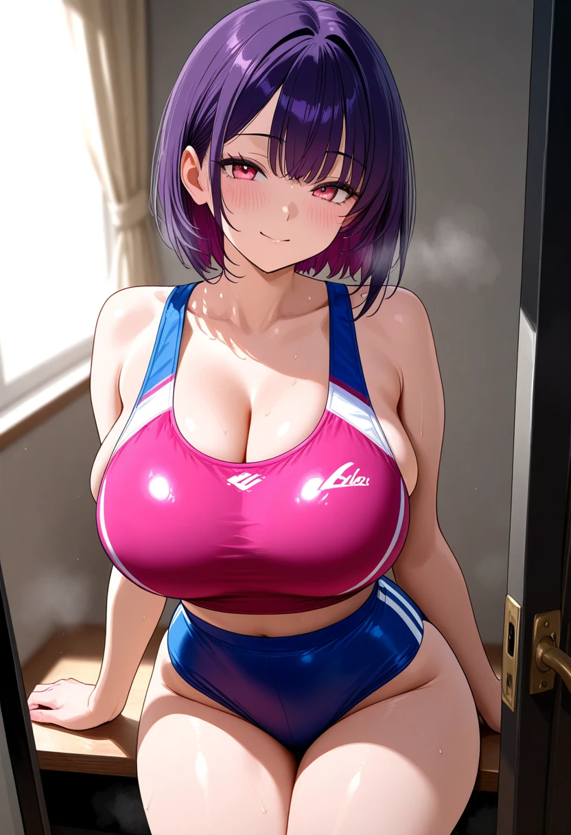 1 girl,short hair,bare,dark purple hair,purple hair,light blue eyes,Two-tone hair,Thighs,Two-tone eyes,big breast,one-piece,straight-on,masterpiece,best quality,very aesthetic,absurdres