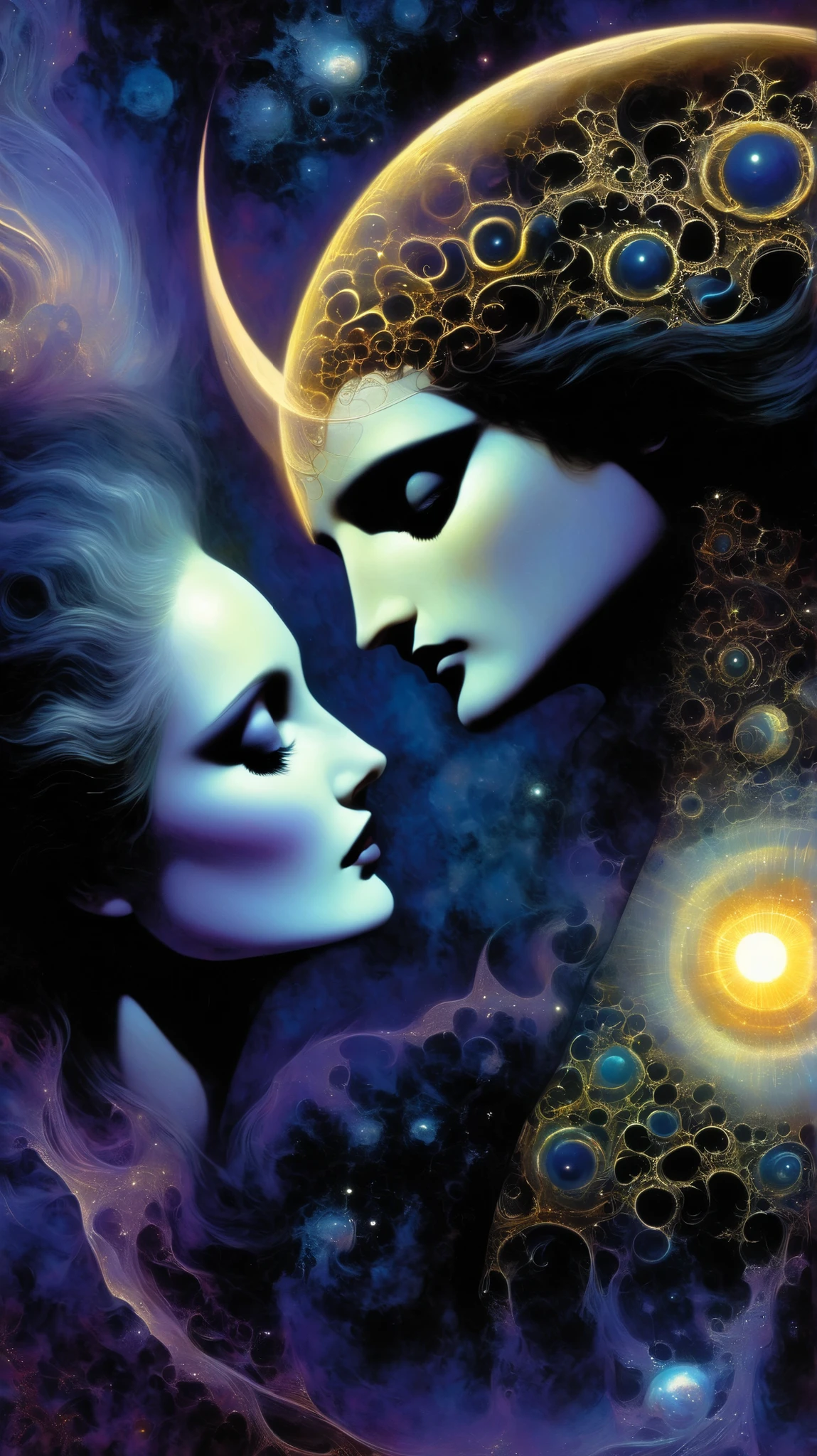 the famous love affair between Goddess of the moon Selene and mortal man Endymion, fractal art, (art inspired by Bill Sienkiewicz). oil painting)