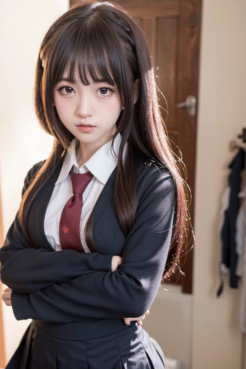 A 16-year-old high school girl with long black hair and wearing a school uniform, squatting down and opening her legs while shedding tears.