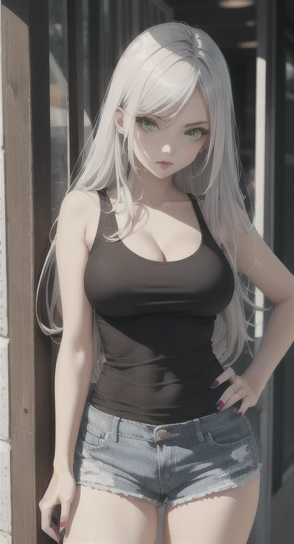 huge chest)),Long hair,((silver hair,blue eyes)), daylight, sunlight, (perfect body : 1.0), neck, chain, Full body shot, Wear a black sleeveless t-shirt, jeans jacket, ((Shorts)),(masterpiece), (The best quality:1.0), (Ultra Highres:1.0), beautiful lighting ,Perfect lightning, realistic shadows, [High Resolutions], detailed skin, ultra detailed,arms behind your head, big breasts, Anime style,