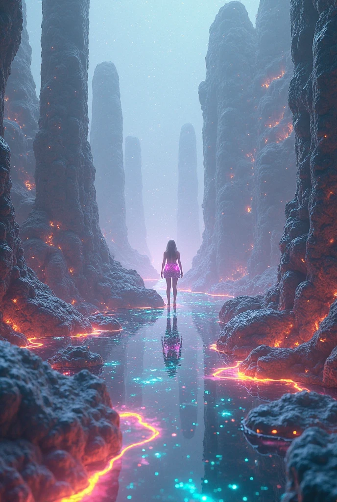 Detailed complex chaotic seascape blue and pink light inside a transparent marble floor ward reach horizon, woman walking to beyond from behind, UV-reactive, blue light art concept by Waterhouse, Carne Griffiths, Minjae Lee, Ana Paula Hoppe, Stylized florescent art, Intricate, Complex contrast, HDR,OverallDetail,earth,stormy landscape on a glow in the dark abysmal cave