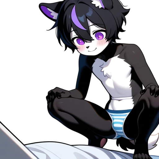 (epic, dynamic angle)top quality, best quality, High-quality , (Kemoshota) ( boy, furry anthro), kemoshota, anubis boy, dog boy, black fur, short statue, innocent, naivety, looking at viewer, Egypt adorns, dynamic angle, from birds point of view, short height, young boy, open mouth, friendly monster anubis boy, affected, relaxed, lovely boy, bed room, very young furry boy, 6years old kemoshota boy, adorable, kawaii, naked, dynamic close-up