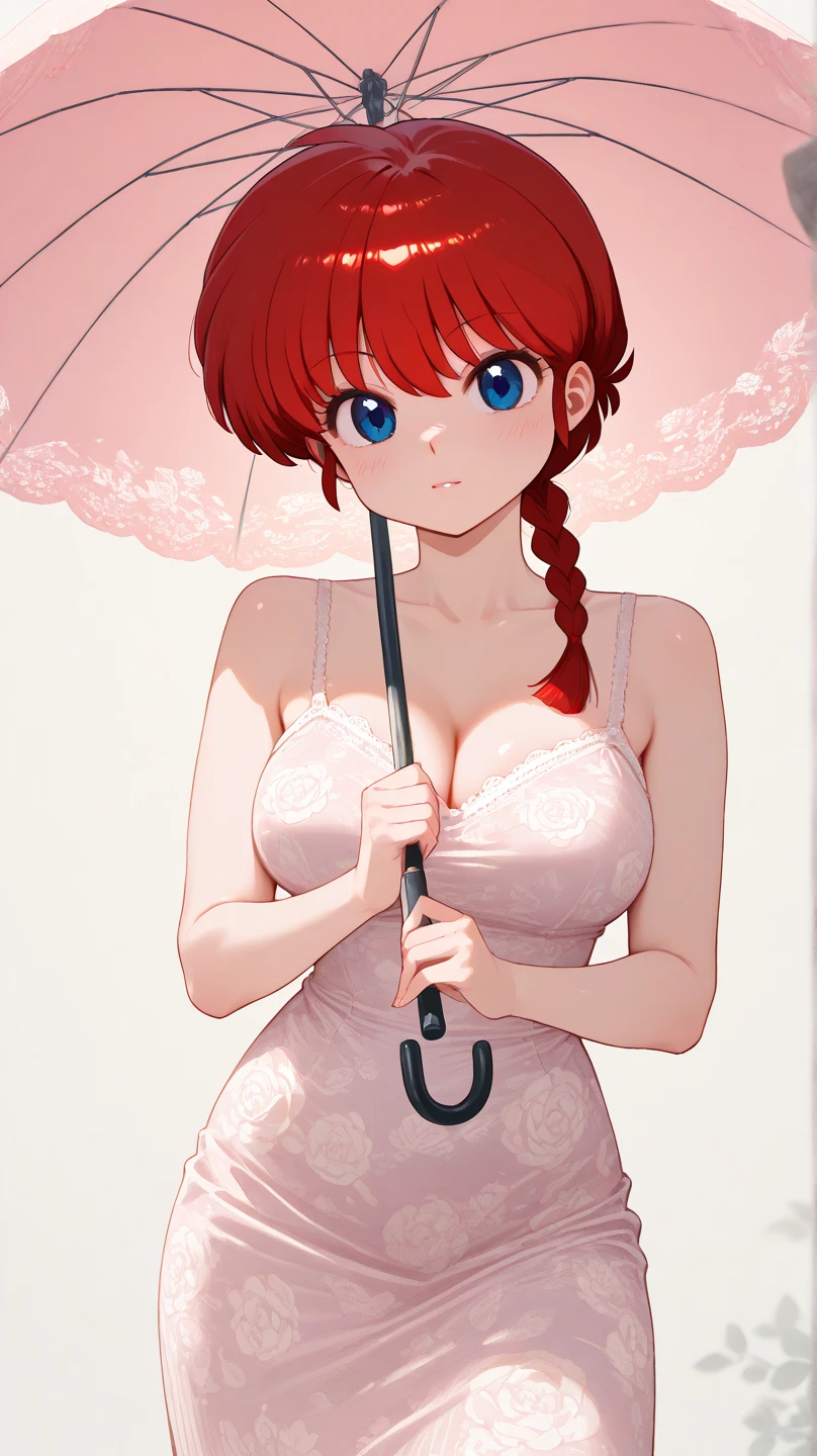anime girl 26 years old white swimsuit navy blue denim pants urban landscape red hair brown eyes with cat on the shoulder and umbrella