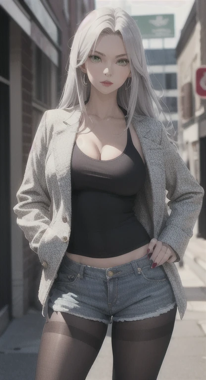 #基本 
A girl is posing for a photo, ((One Girl)), (((Baby Face:1.2)) + ((cute:1.3))), 
#A girl is posing for a photo, ((One Girl)), (((Baby Face)) + ((cute)) + 16 years old), 
break 

#Clothing Accessories 
((White tailored jacket:1.4) + (Black tank top) + (Blue denim skinny pants) + (Black High Heels)), 
(Gold hoop earrings), (Silver Necklace), 
break 

#Features 
((Silver Hair)), (Chest-length sideburns:1.4), (Straight Hair : Long Hair + Thin Hair),  
((Droopy eyes), (Kind eyes), (blue eyes), (Big eyes:1.4)), (Small breasts), 
break 

#background environment 
(noon, (sunlight shines, Station platform, In front of the vending machine)), 
#Facial Expression Pose 
((smile)), ((Confident and powerful), (Walking)), 
#composition 
(Face the camera, (Focus from the front), (Cowboy Shot)), 
break 

#Body parts elements 
(Slim figure), 
(Detailed Hair, Beautiful Hair, Shiny Hair), 
((Thin eyebrows), double eyelid, Long eyelashes), 
((Expression of fine eyes), (Beautiful and delicate eyes), (Sparkling eyes), Eye Reflexes, Glitter Eyeliner), 
(Human Ear), 
(Beautiful Nose, Thin Nose), 
(Glossy Lips, Beautiful Lips, Thick lips, Glossy Lips, Natural Cheeks), 
((Detailed face), Symmetrical facial features), 
((Detailed skin), Textured skin, Beautiful Skin, Glowing Skin, (Oily skin)), 
break 

#Quality Image Quality Common 
(((Highest quality)), ((masterpiece)), ((Very detailed))), ((Ultra-high resolution)), ((16K, 1080P)), ((FHD)), 
(Anatomically correct), (Realistic), (3DCG), (oil), 
#Quality image illustration 
((comics, anime)), (CG illustration), 
#Quality Image Quality Other 
(Line art), (Oil pastel), 
