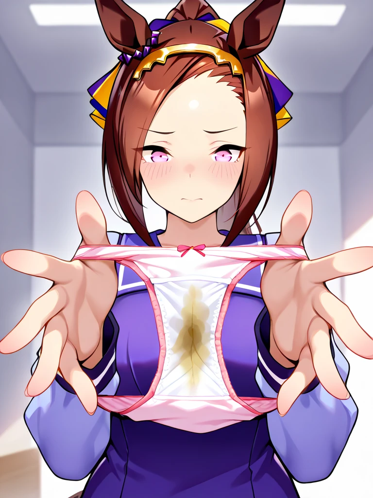woman、Full nudity、Braid、A shy smile、(Showing off dirty underwear in the crotch area)、Fly Hearts、Eyes are hearts、Small breasts、Sweaty、Trembling、Spread your legs、squat
