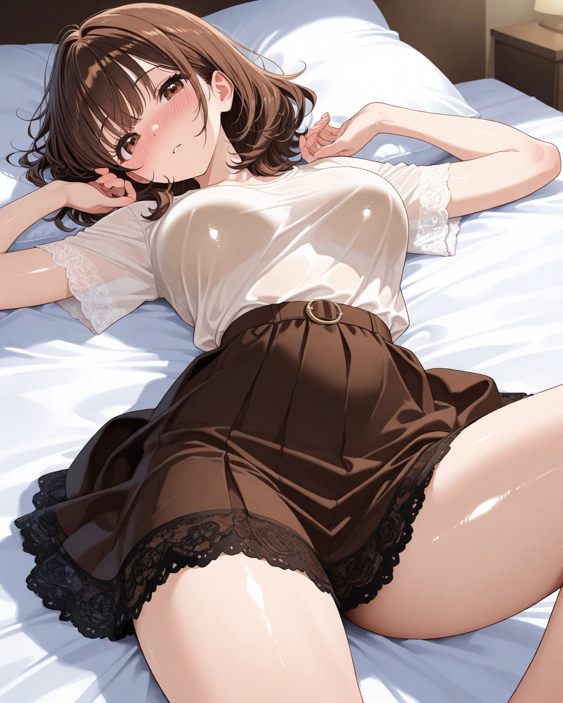 ((Highest quality))、((masterpiece))、(detailed)、((Anatomically correct))、(High resolution、8k)、One Woman、aldult、adult、Look at me、(Pussyに指を入れる:1.3)、
Straight Hair、Short Hair、Brown Hair (Beautiful Eyes:1.2)、double eyelid、orgasm、(Half-closed eyes)、
Slim figure、Thin legs、tits、F Cup、Nipples、(grabbing own breasts)、(Spread your legs、Spread your legs、Dripping love juice)、Pussy、
Open frill shirt、flare skirt、
Lying in bed、Crotch close-up、Low - Angle、from the front
