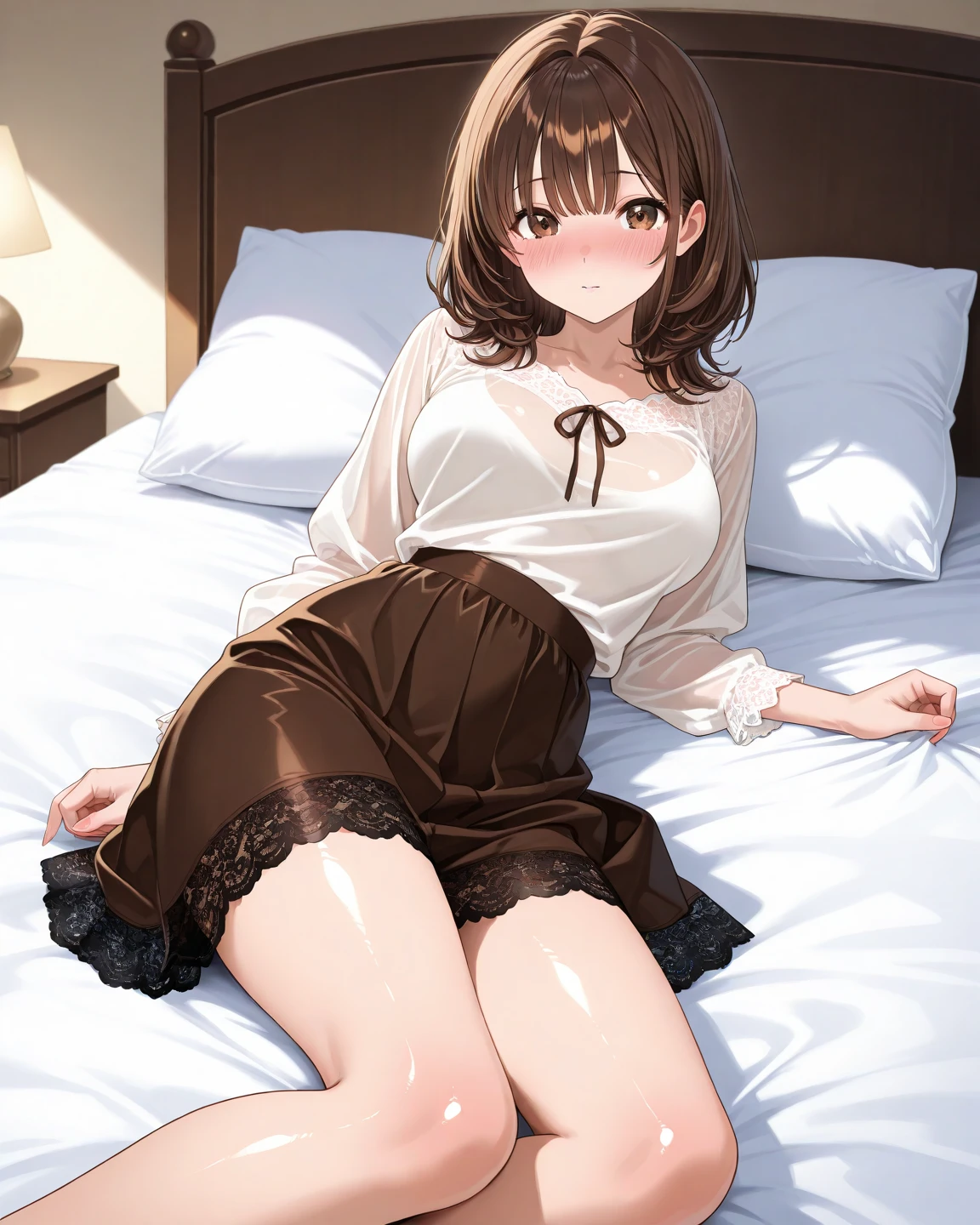 (masterpiece,Highest quality:1.2),cute anime characters、Brown bob hair、black eye、Big round eyes、anime girl,laughing out loud,looking down,full body,Cute body、pajamas、bed、Sexy pose、HQ、high resolution、
