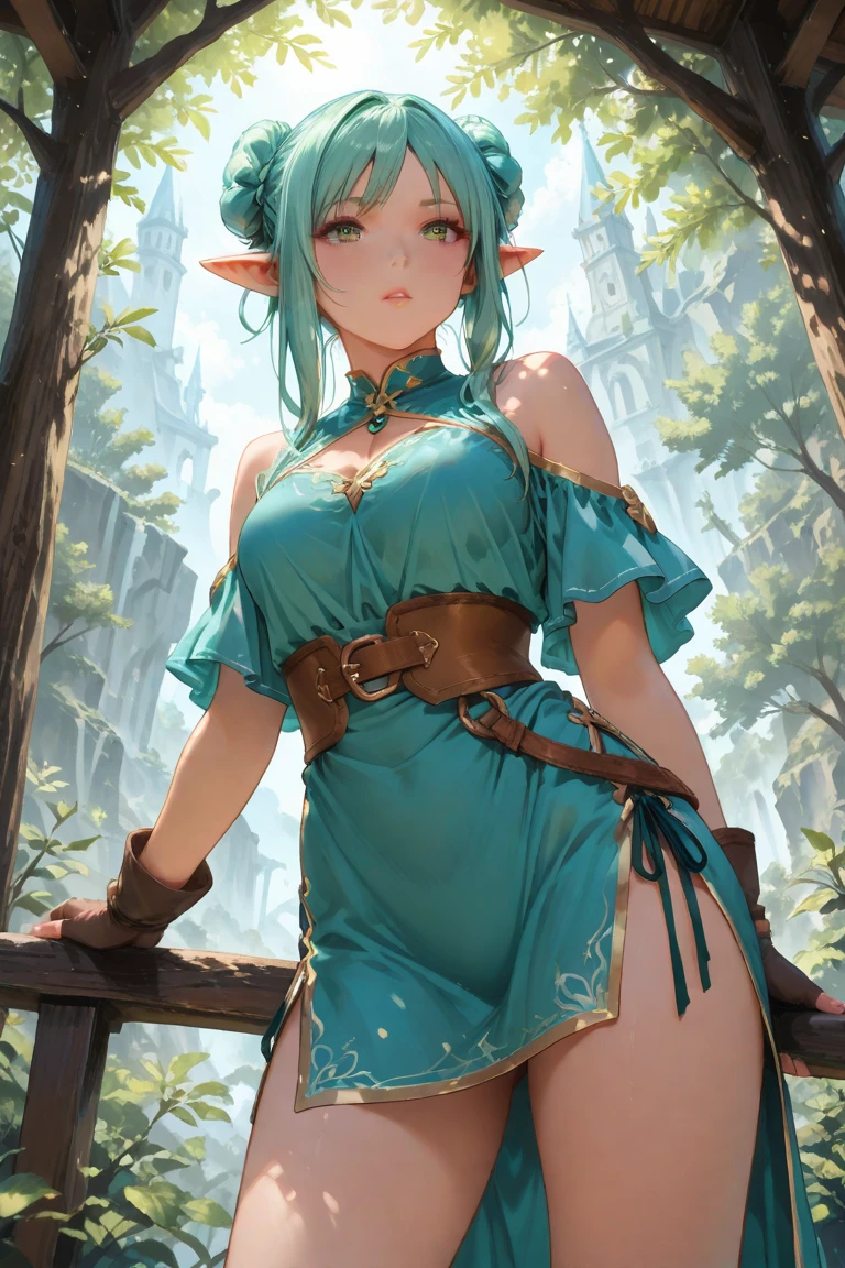 Elf girl with short, shaggy blue hair , medieval clothes , green and blue eyes , medieval clothes verde e branco 