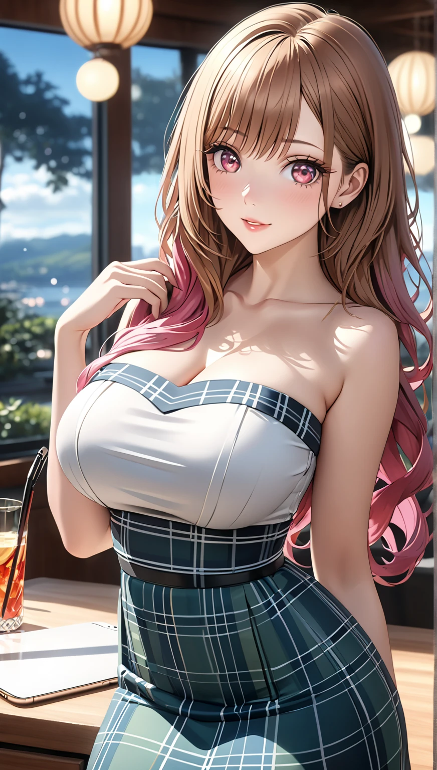 (((masterpiece+best quality+high resolution+ultra-detailed), realistic art)), kousaka honoka,1girl with clima-tact, high nose, sharp eyes, noble and inviolable temperament, (([female]: 1.2 + [beauty]: 1.2 + orange hair: 1.2)), pirate ship background, blue sky, clouds, log pose, gold bracelets, revealing yellow bikini halter top, tight low-rider white jeans, shoulder tattoo, bright blue eyes, dynamic angle and posture, sweaty, sweating,(lips:0.6),xiala, clothes_pull, cleavage, shirt_pull, llchar,wet,wet clothes, rain,cum on breasts